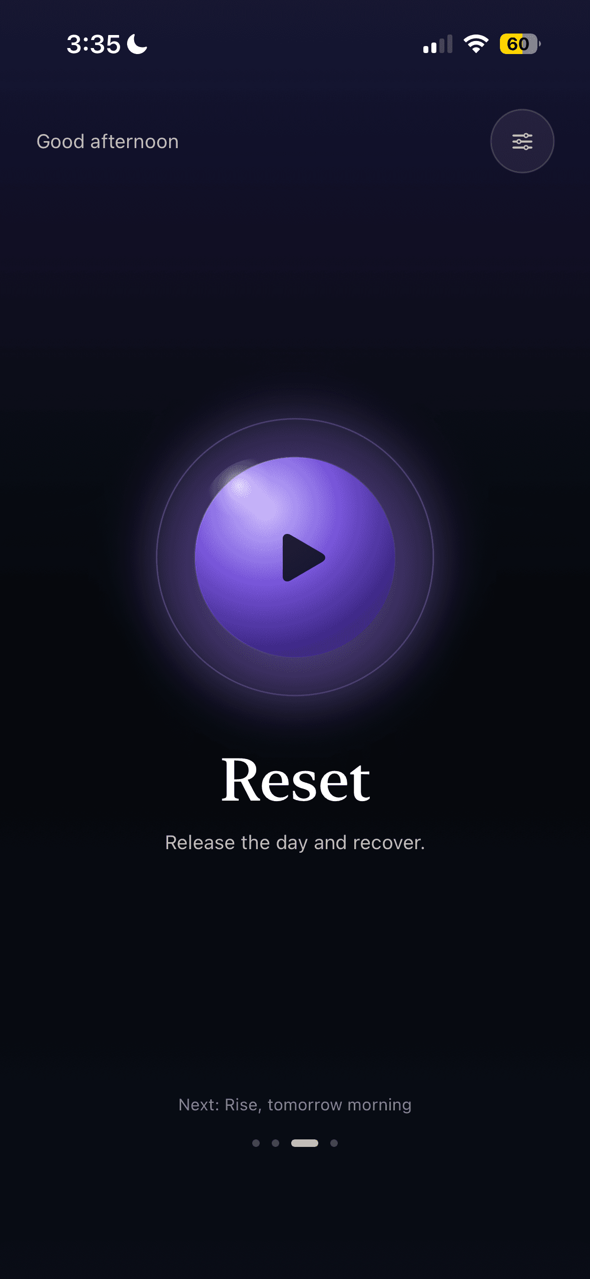 Field app — the Reset evening track with a purple play orb